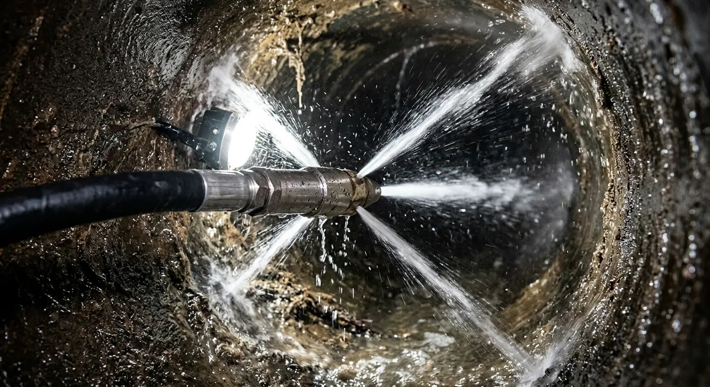 High-pressure hydro jetting nozzle cleaning sewer pipe for Emergency Drain Service in Shelbyville