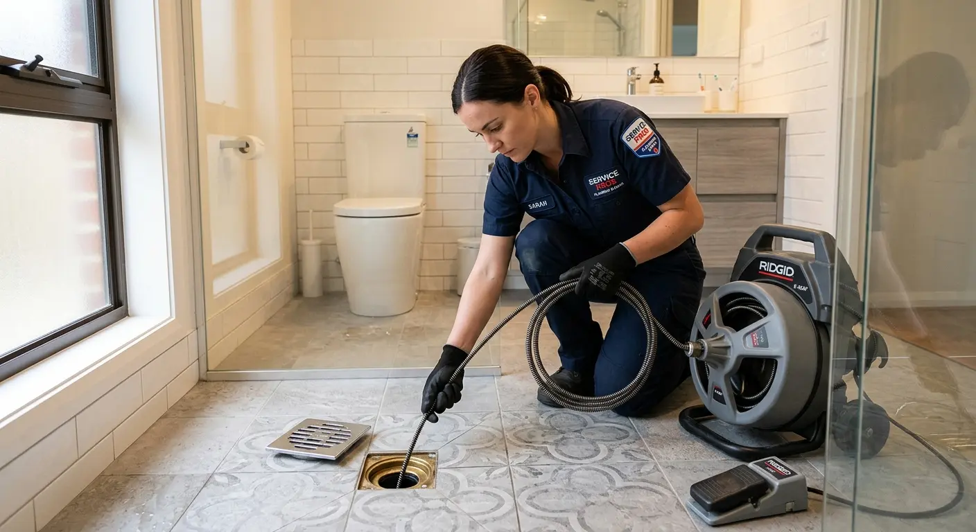 Technician clearing a bathroom floor drain for Drain Repair in Shelbyville